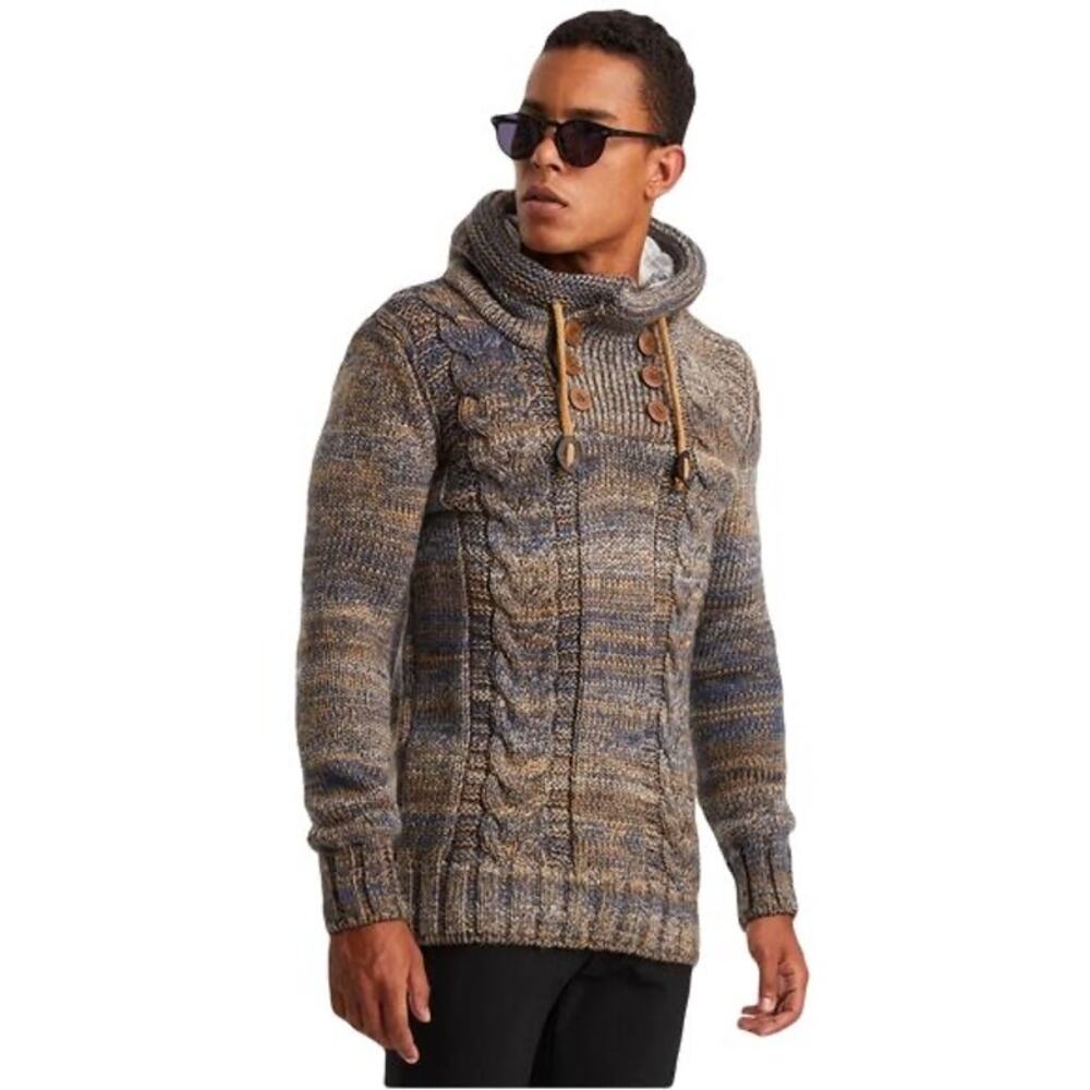 NWOT LEIF NELSON Hoodie Sweater L Aztec Cable-Knit Mock-Neck Drawstring Wool